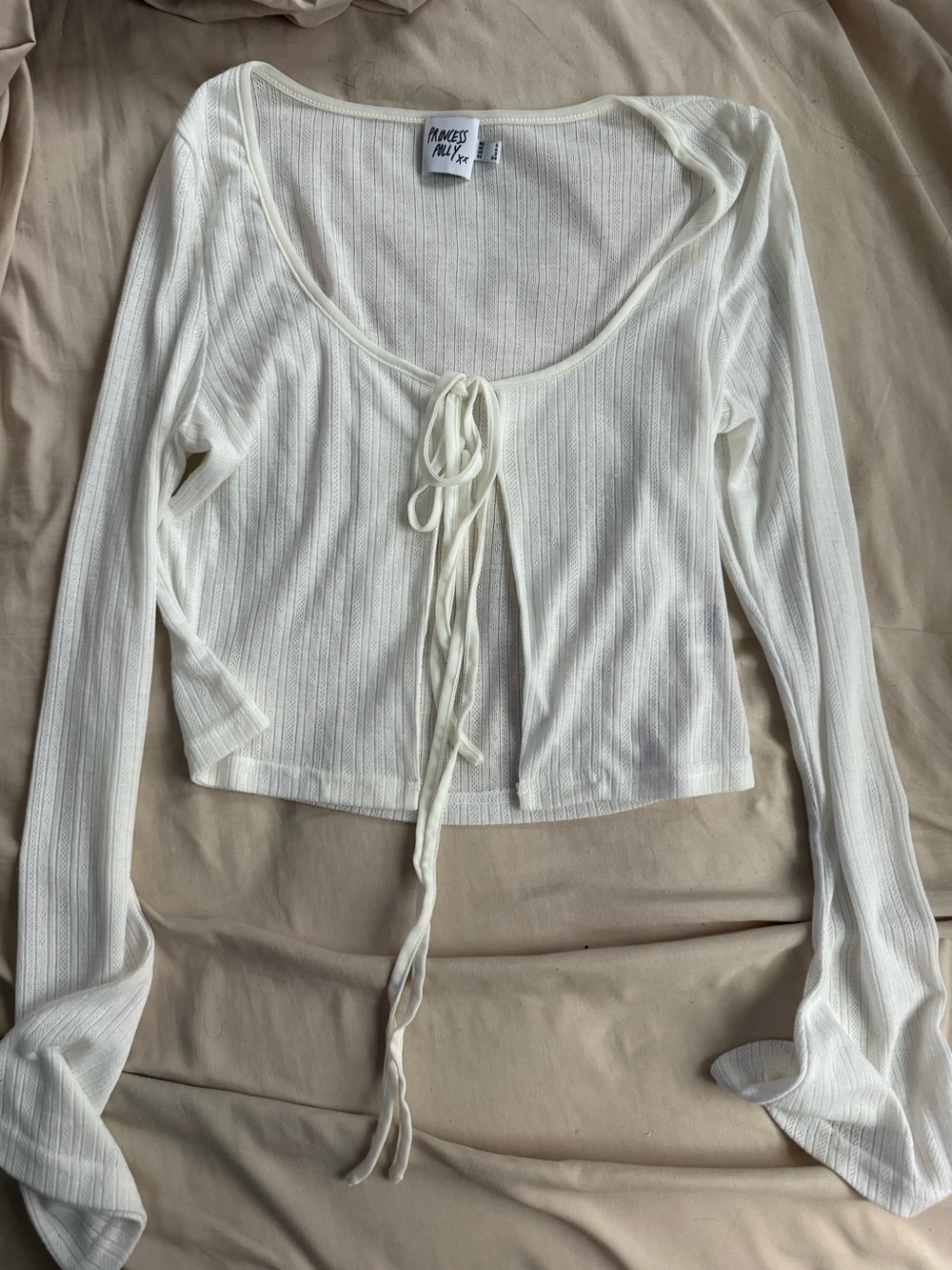 Princess Polly Cream Ribbed Tie-Front Cropped Long Sleeve Top